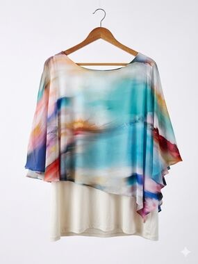 Aqua Multi-Color Watercolor Overlay Tunic with White Underlayer